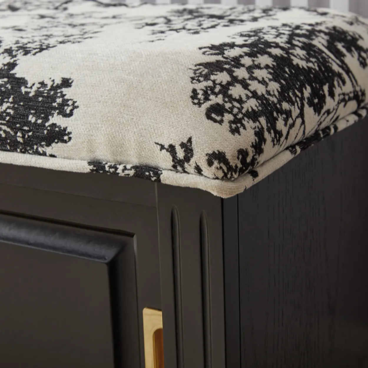 Elegant Storage Bench with Floral Cushion and Sliding Doors — Black and White