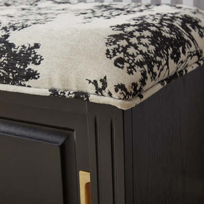 Elegant Storage Bench with Floral Cushion and Sliding Doors — Black and White