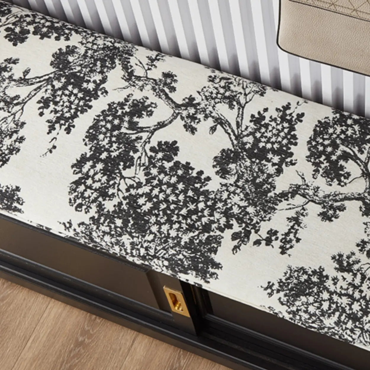 Elegant Storage Bench with Floral Cushion and Sliding Doors — White