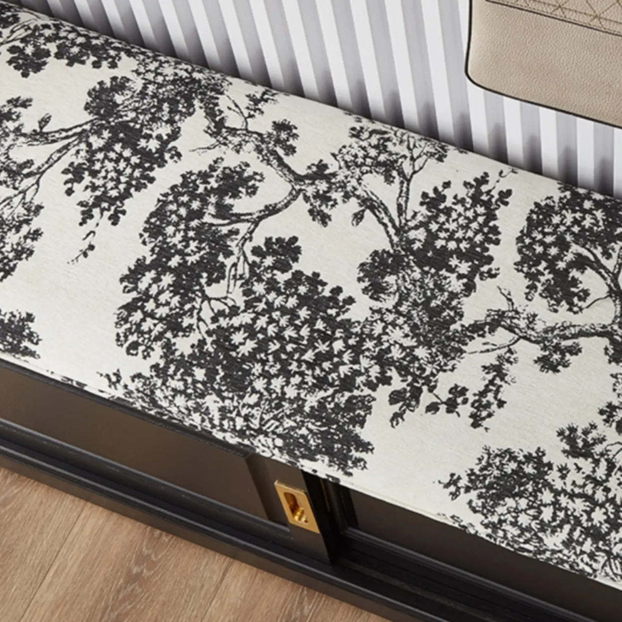 Elegant Storage Bench with Floral Cushion and Sliding Doors — White