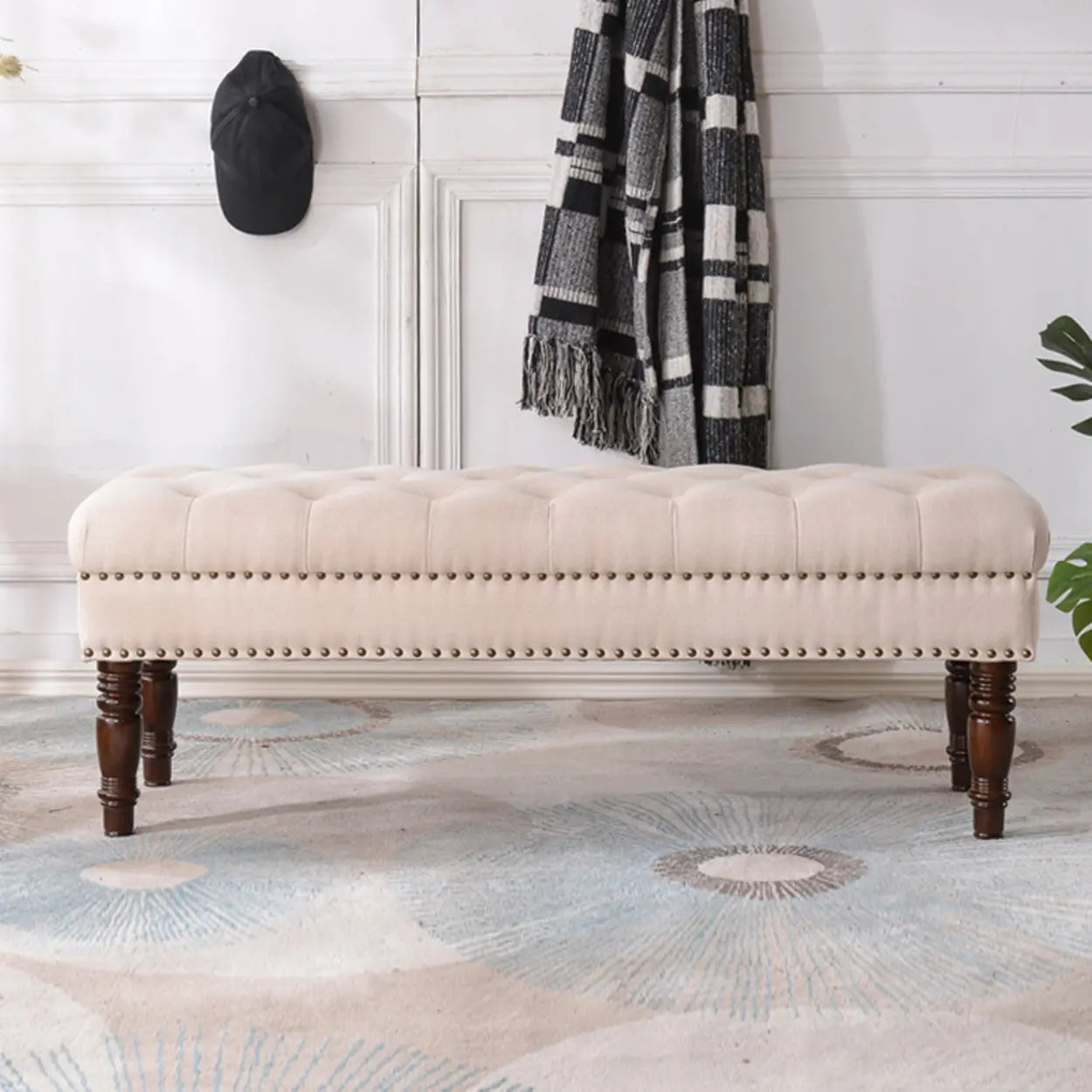 Elegant Upholstered Entryway Bench with Tufted Cushion — Beige
