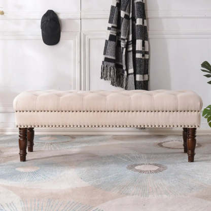 Elegant Upholstered Entryway Bench with Tufted Cushion — Beige