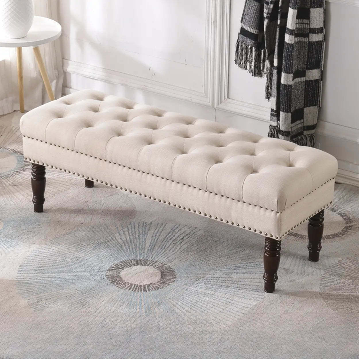 Elegant Upholstered Entryway Bench with Tufted Cushion — Light Brown