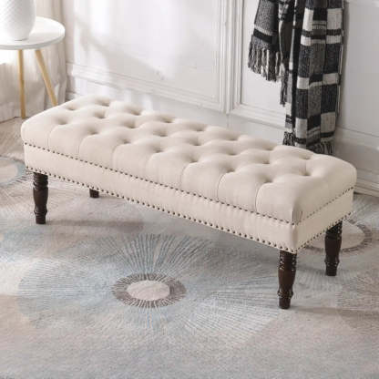 Elegant Upholstered Entryway Bench with Tufted Cushion — Light Brown