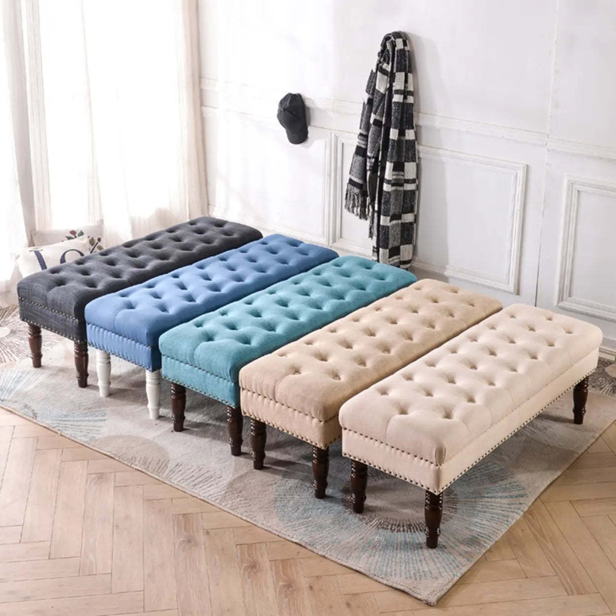 Elegant Upholstered Entryway Bench with Tufted Cushion — Dark Blue