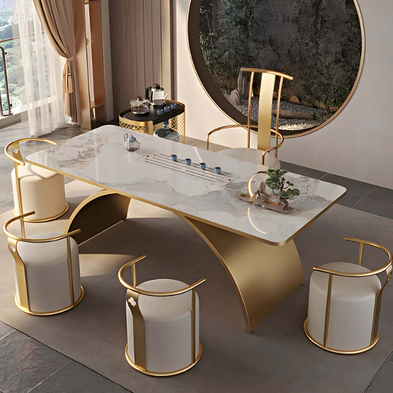 Elegant White-Gold Stone Steel-Base Long Writing Desk