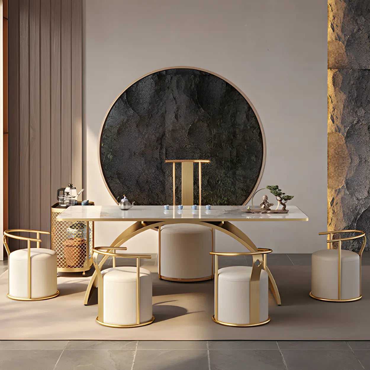 Elegant White-Gold Stone Steel-Base Long Writing Desk