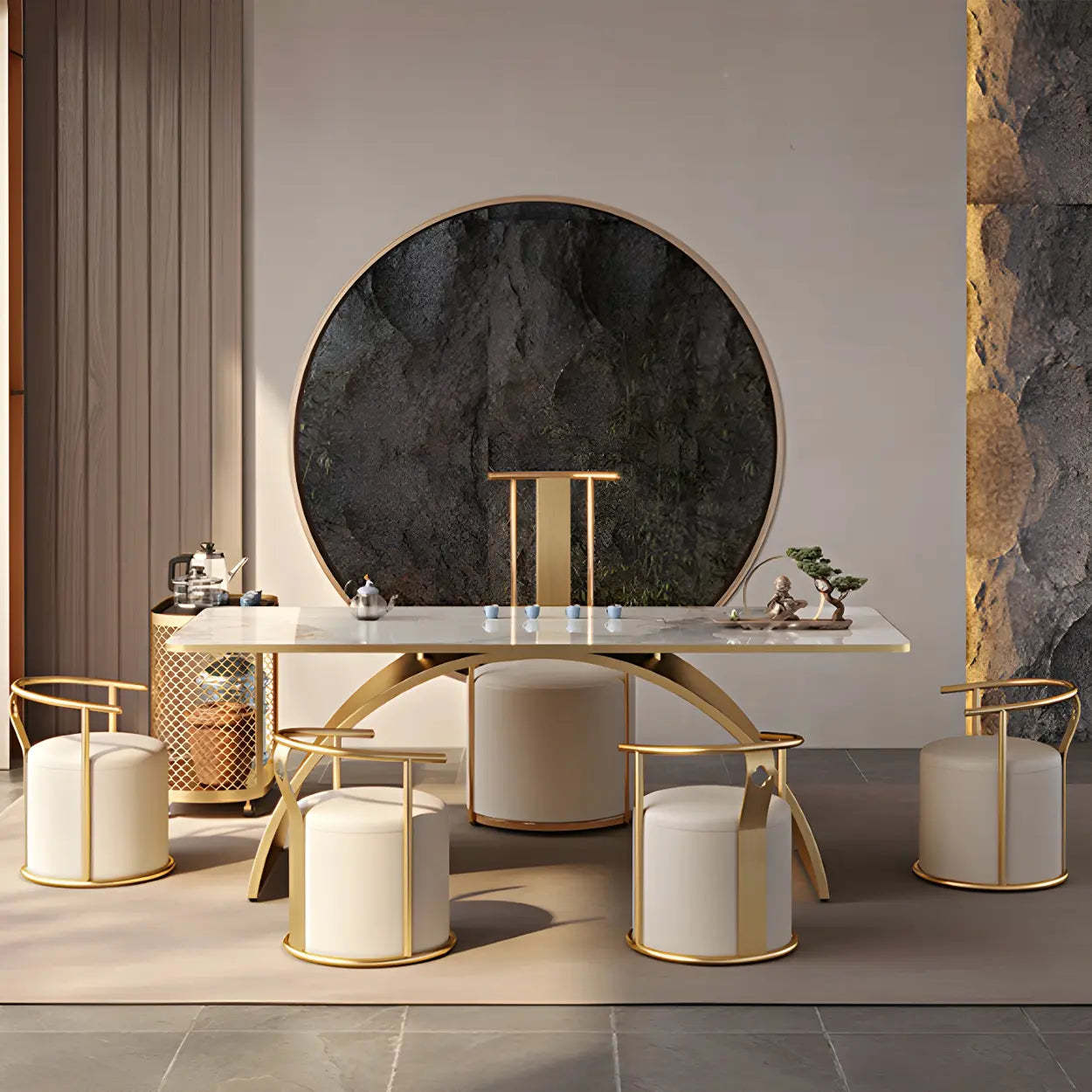 Elegant White-Gold Stone Steel-Base Long Writing Desk