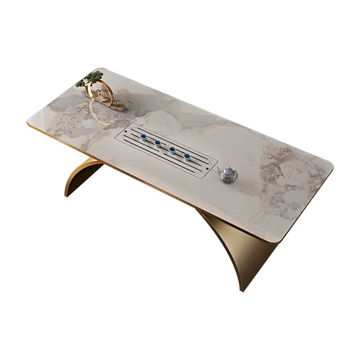 Elegant White-Gold Stone Steel-Base Long Writing Desk