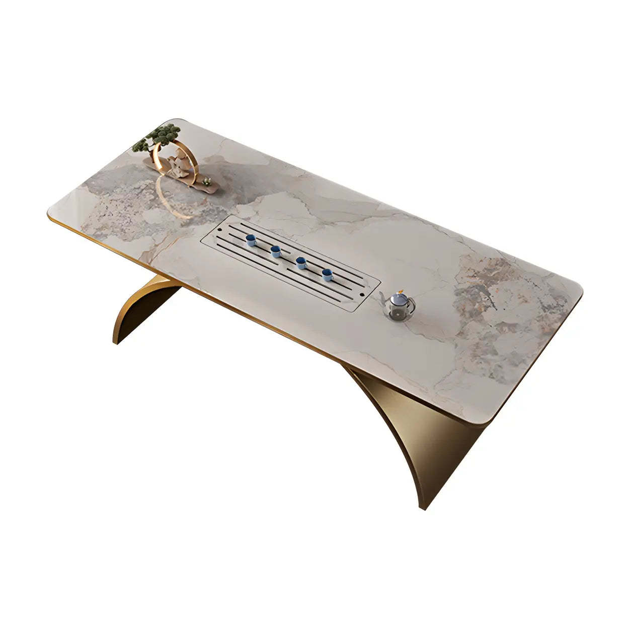 Elegant White-Gold Stone Steel-Base Long Writing Desk
