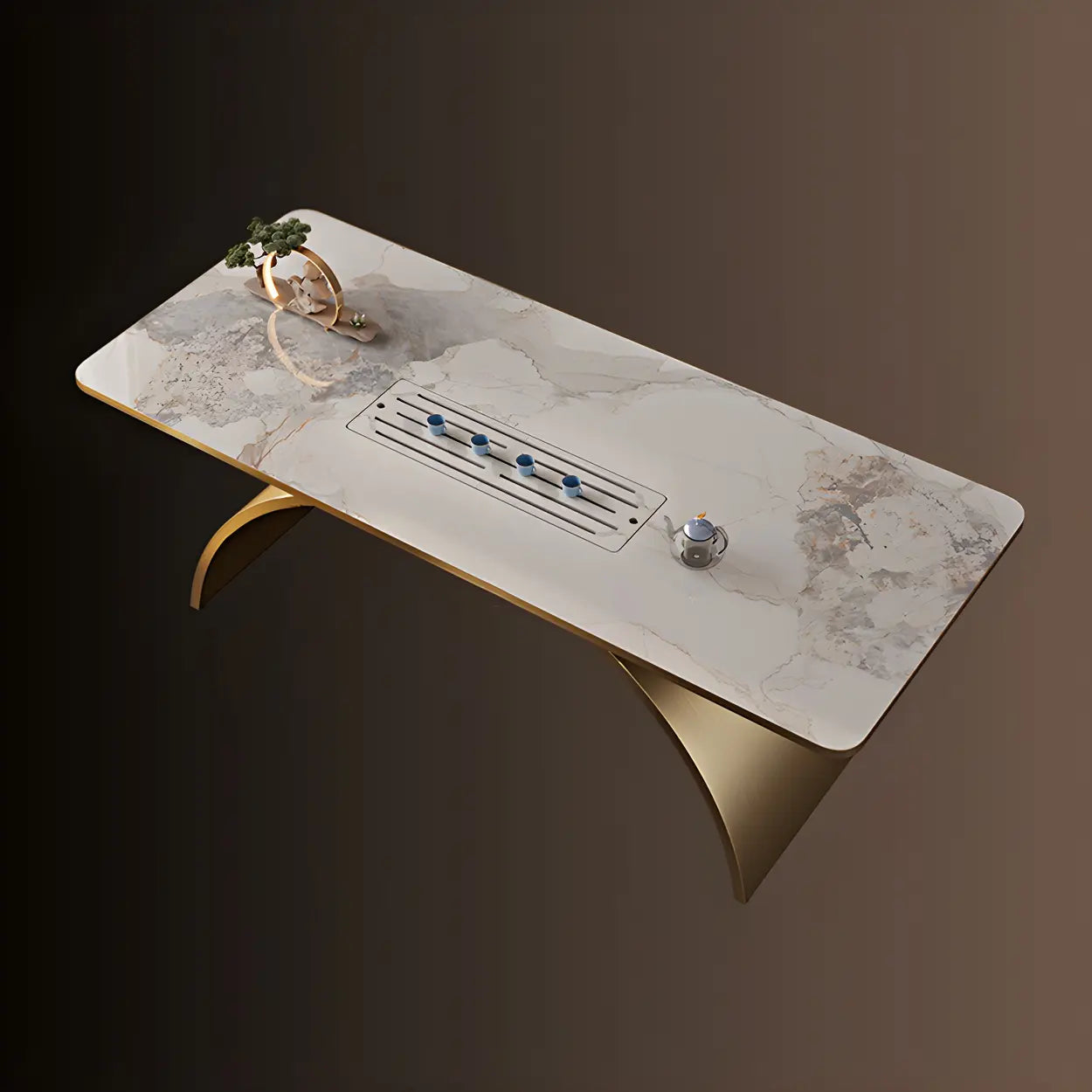 Elegant White-Gold Stone Steel-Base Long Writing Desk
