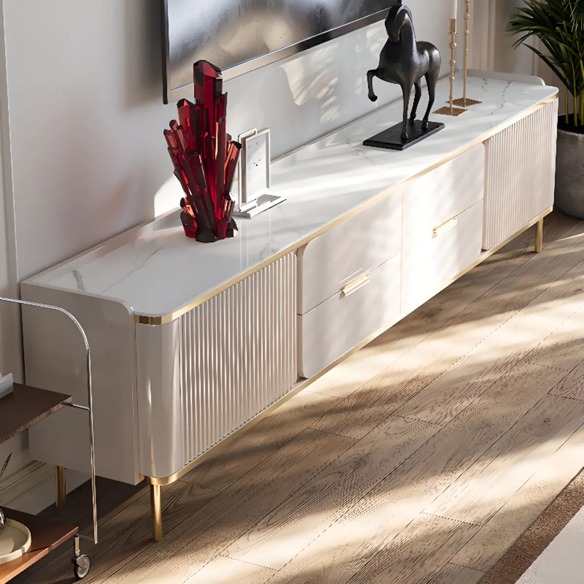 White Stone Rectangle TV Stand with Storage
