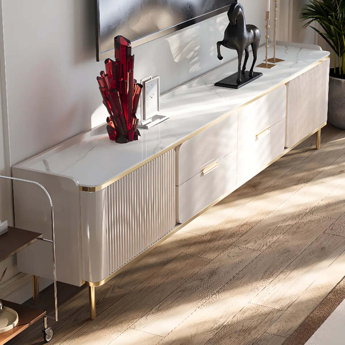 White Stone Rectangle TV Stand with Storage