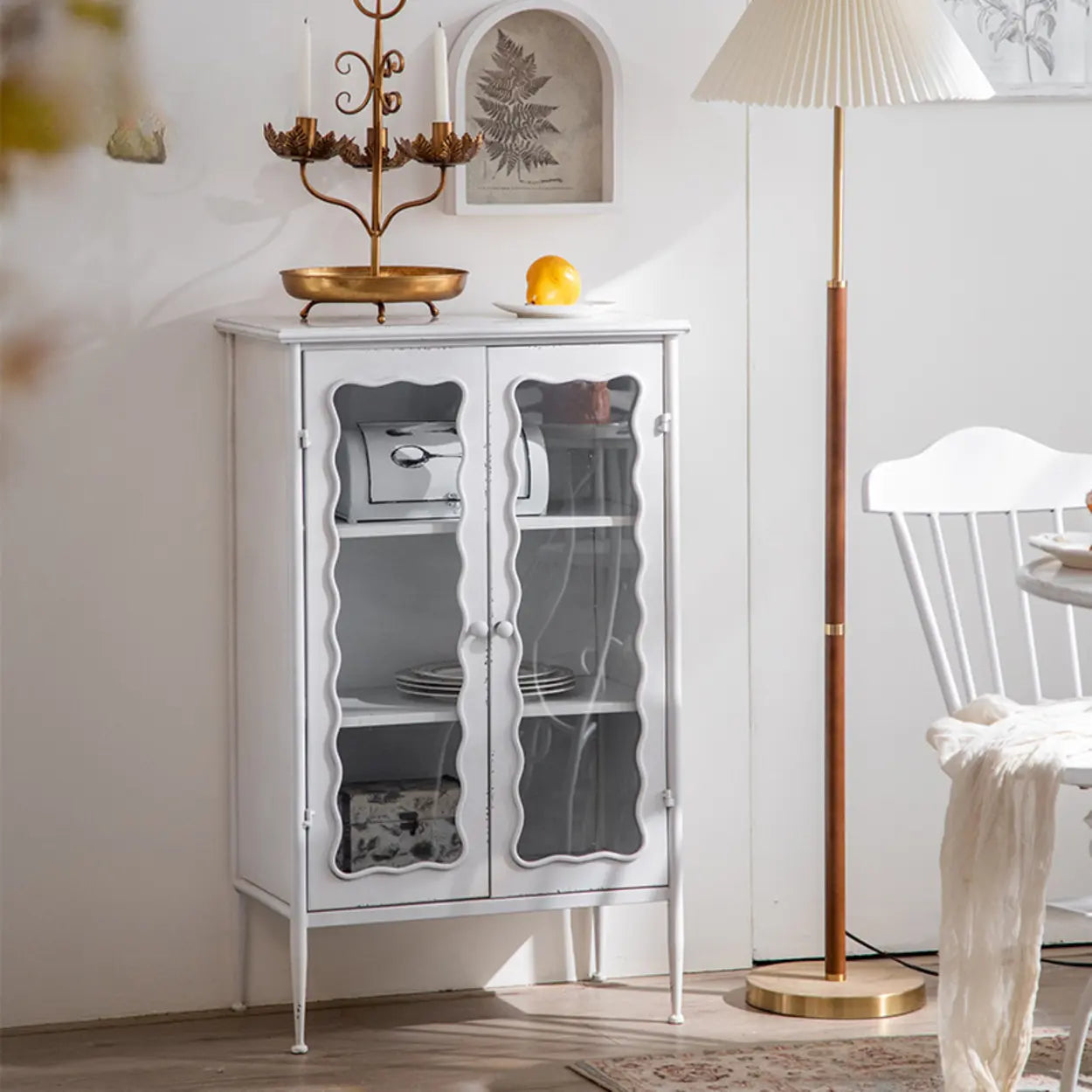 Elegant White Wave Metal Storage China Cabinet