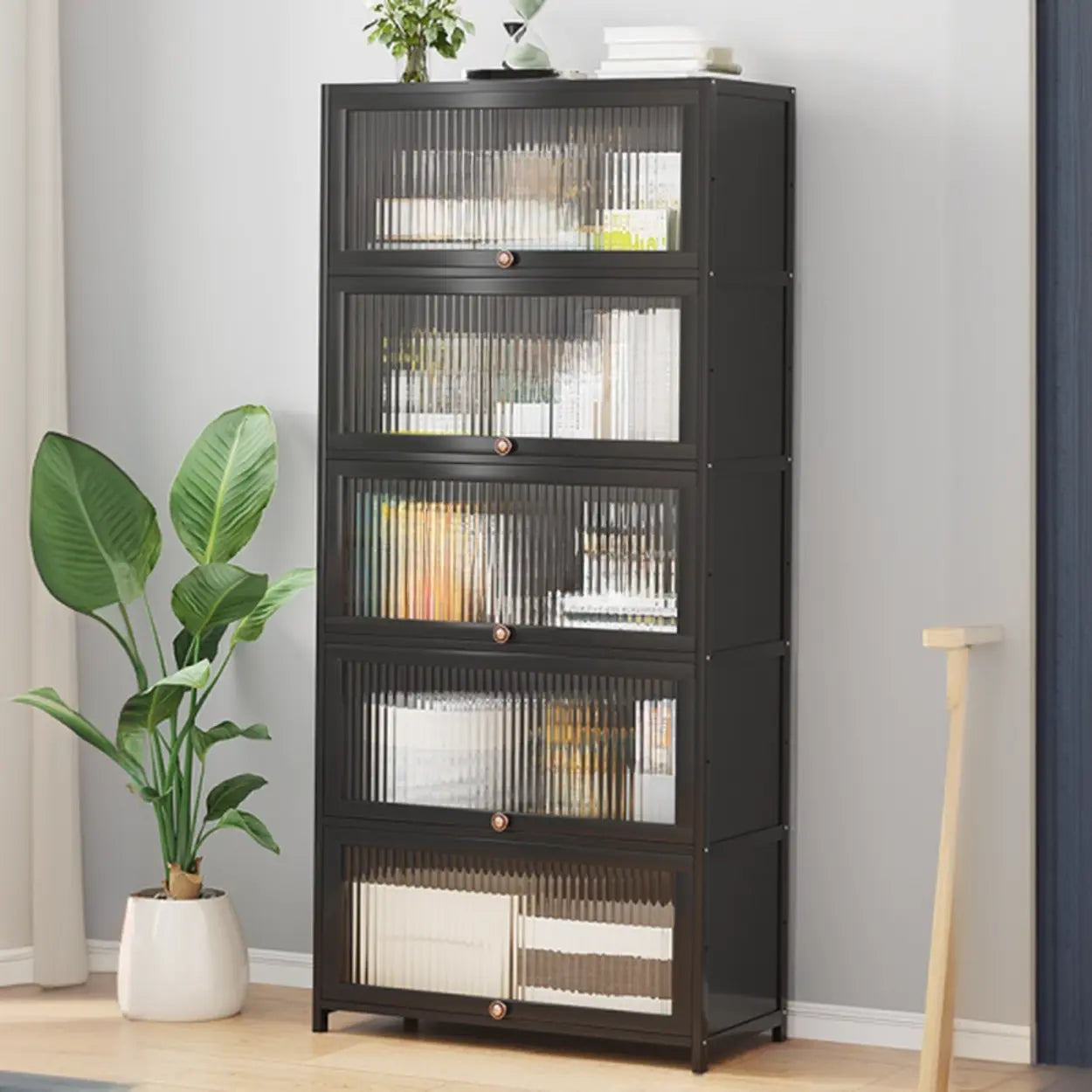 Elegant Wooden Mesh Rectangular Bookcase — Black-Gold