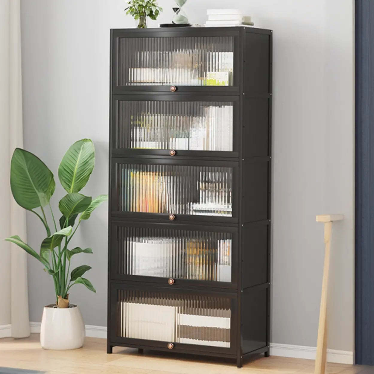 Elegant Wooden Mesh Rectangular Bookcase — Black-Gold