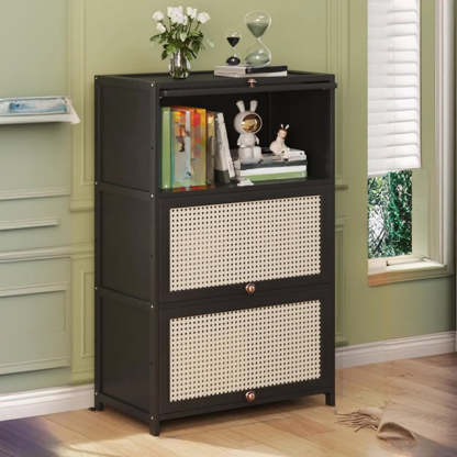 Elegant Wooden Mesh Rectangular Bookcase — Black