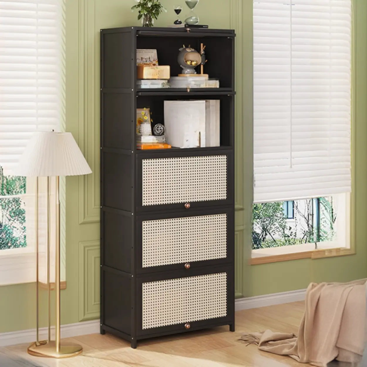 Elegant Wooden Mesh Rectangular Bookcase — Tan