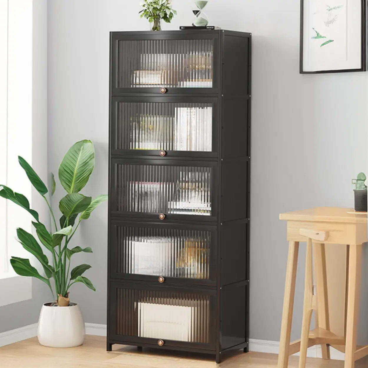 Elegant Wooden Mesh Rectangular Bookcase — Black