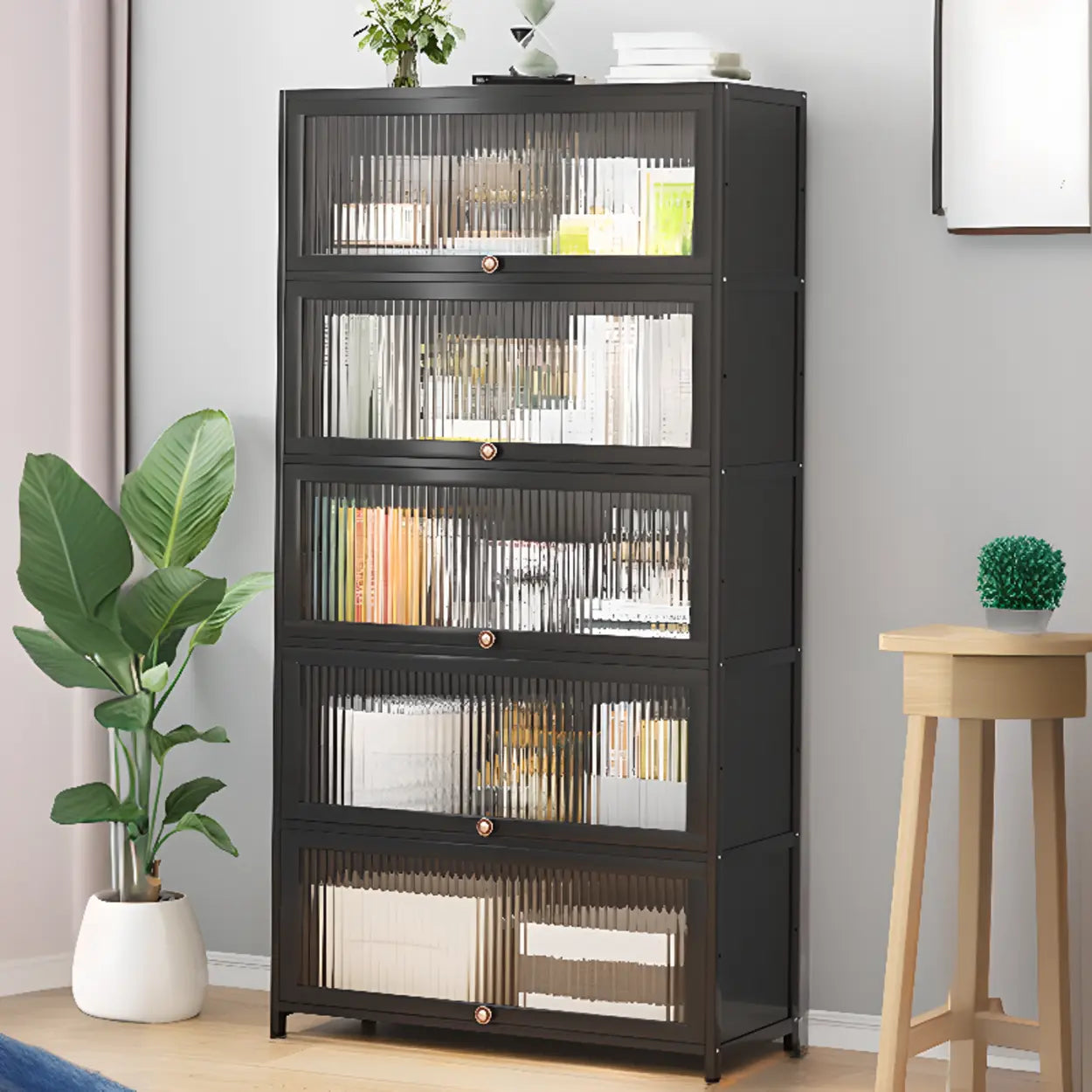 Elegant Wooden Mesh Rectangular Bookcase — Tan