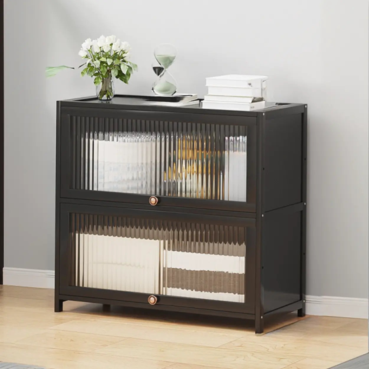 Elegant Wooden Mesh Rectangular Bookcase — Black-Gold