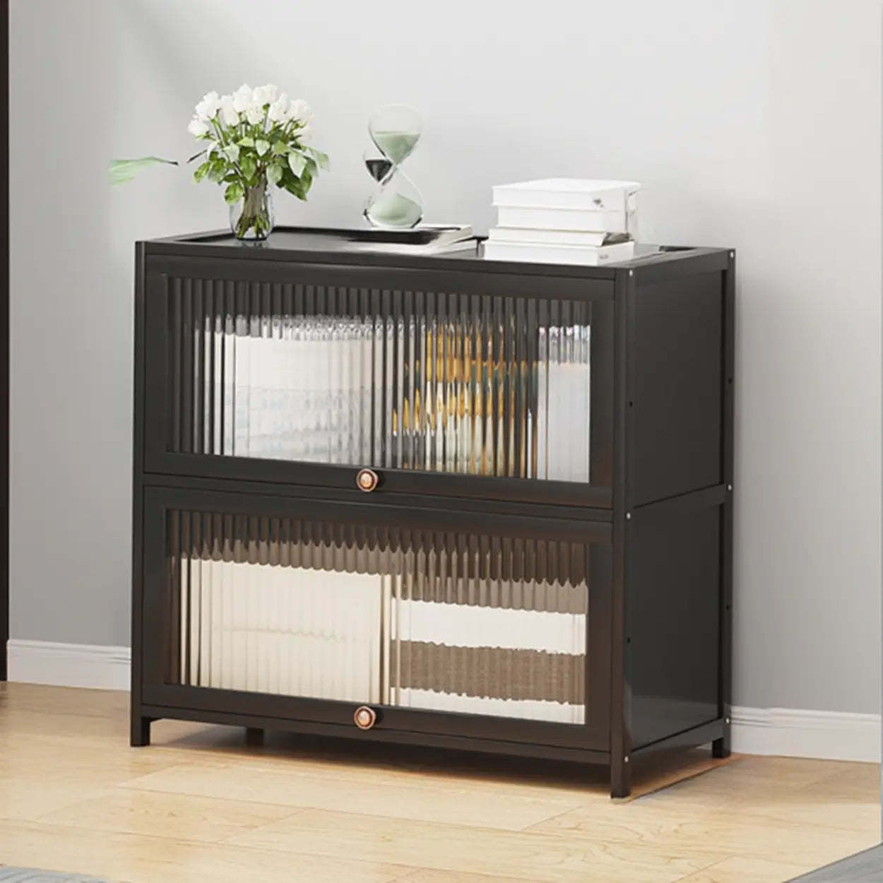 Elegant Wooden Mesh Rectangular Bookcase — Black-Gold