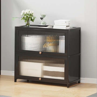 Elegant Wooden Mesh Rectangular Bookcase — Black-Gold