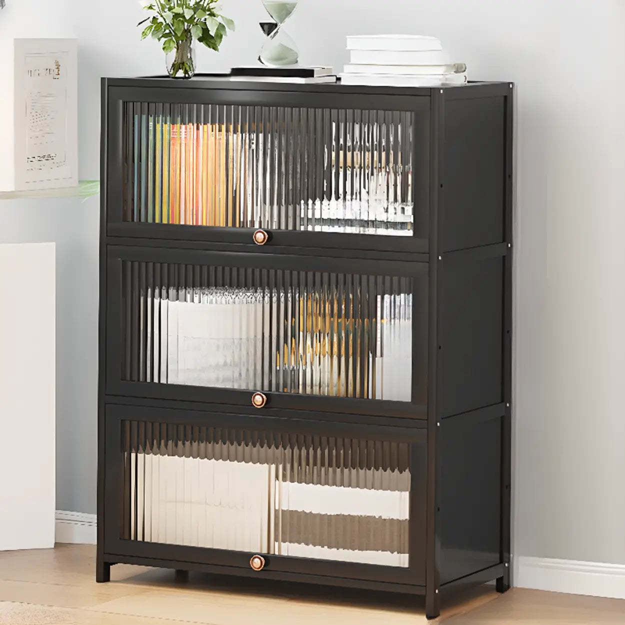 Elegant Wooden Mesh Rectangular Bookcase — Black