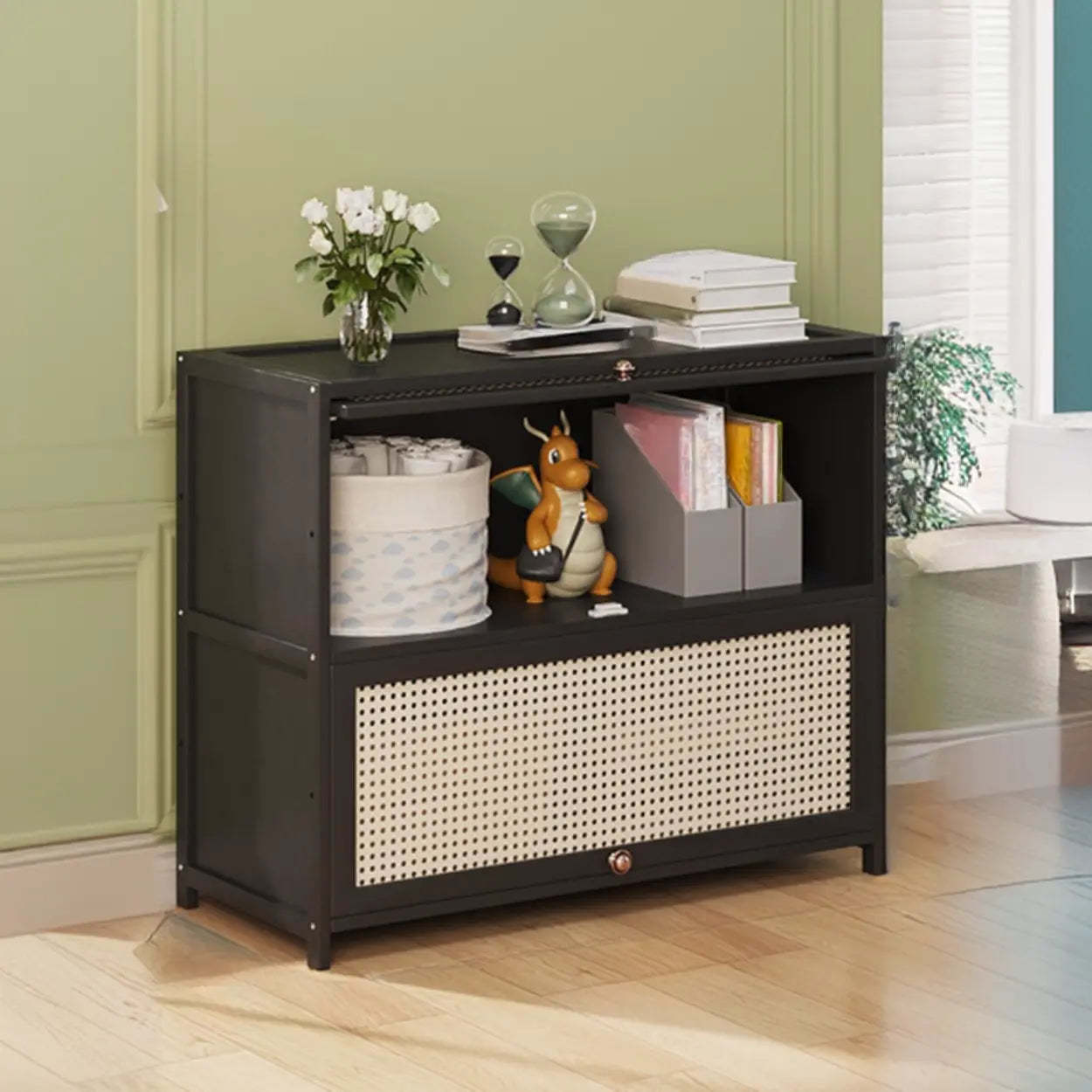 Elegant Wooden Mesh Rectangular Bookcase — Tan