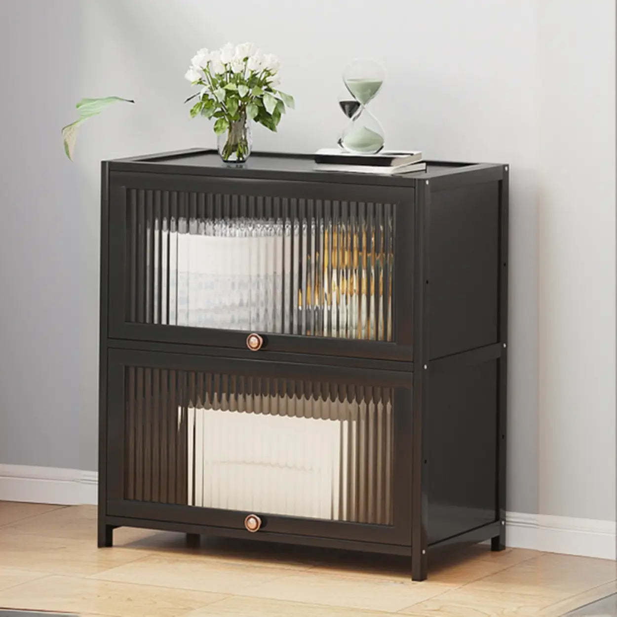 Elegant Wooden Mesh Rectangular Bookcase — Black-Gold