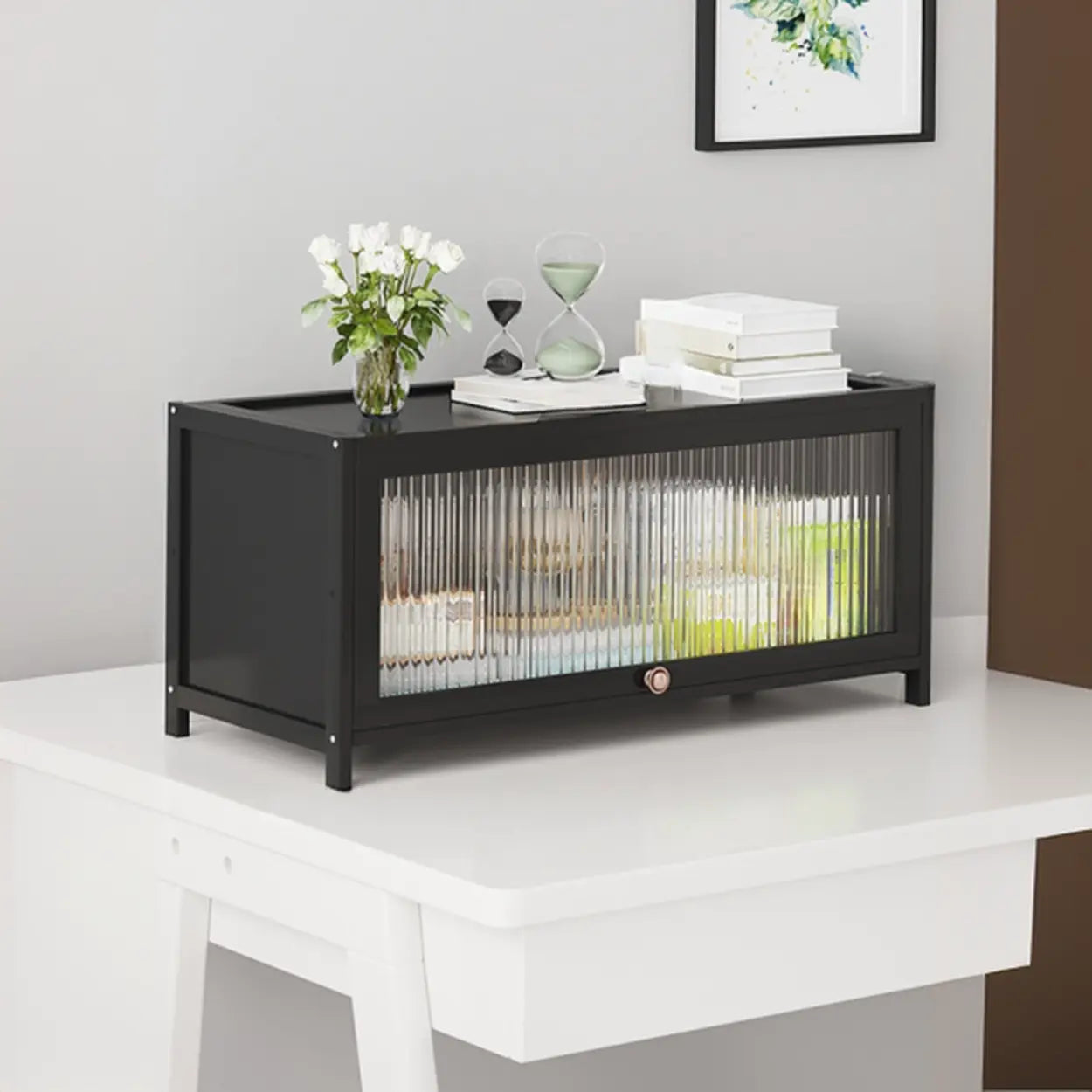Elegant Wooden Mesh Rectangular Bookcase — Black