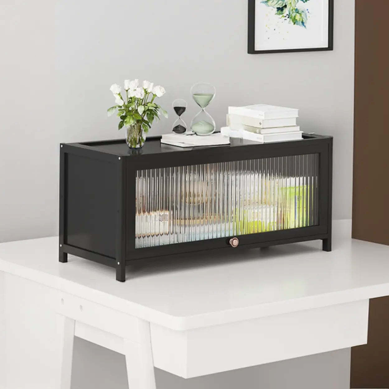 Elegant Wooden Mesh Rectangular Bookcase — Black