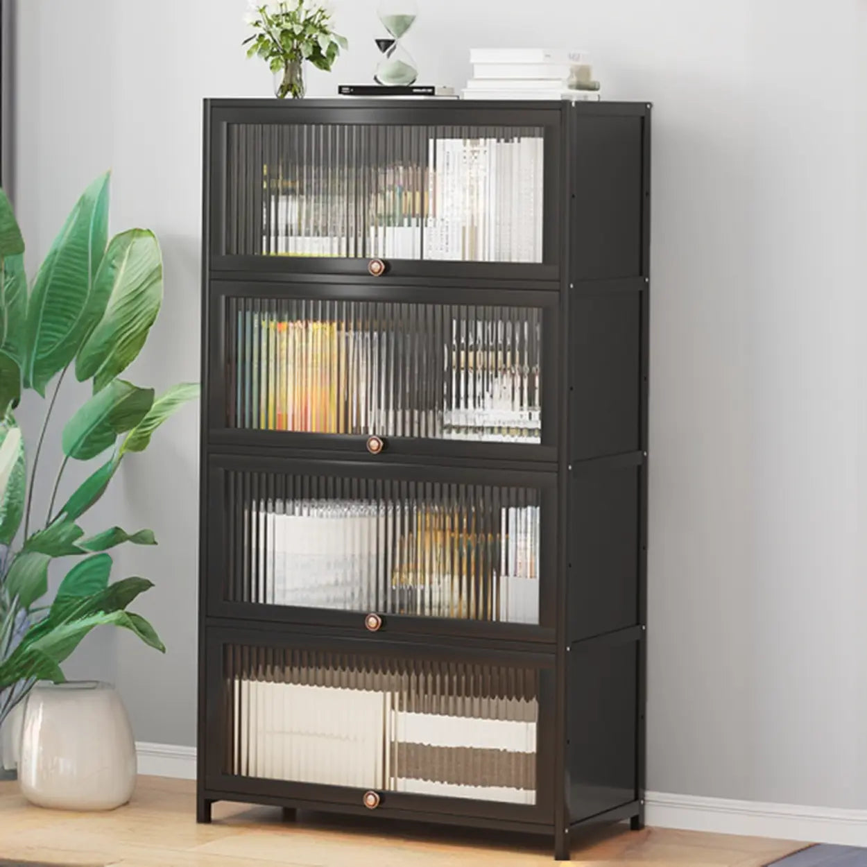 Elegant Wooden Mesh Rectangular Bookcase — Black