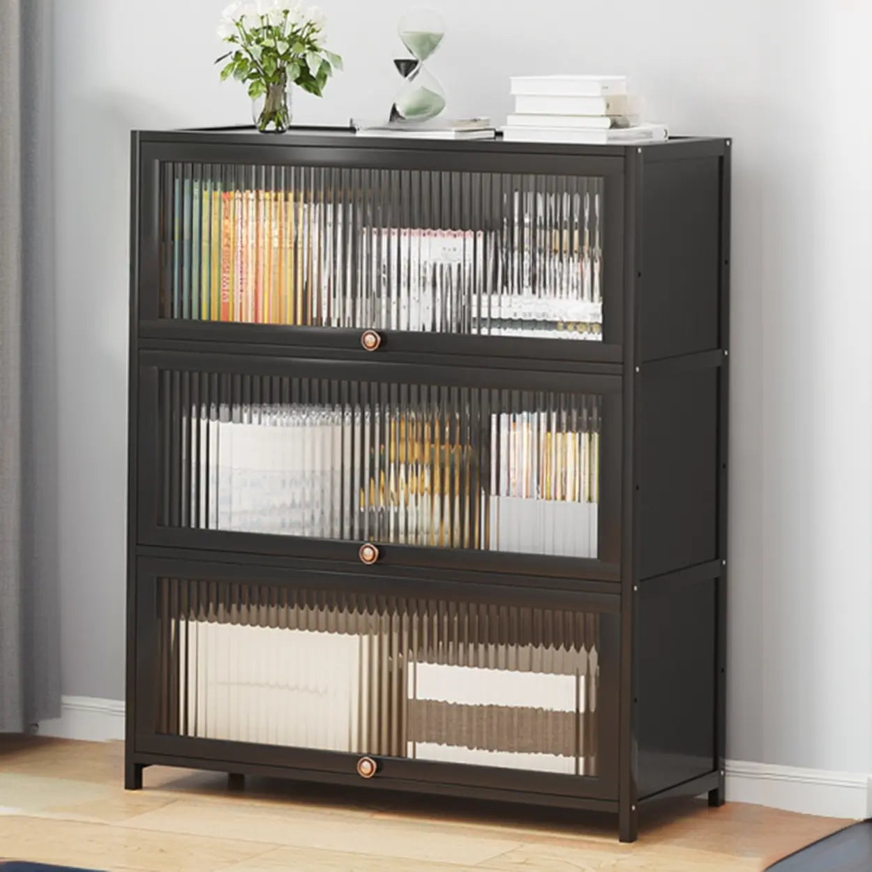 Elegant Wooden Mesh Rectangular Bookcase — Black-Gold