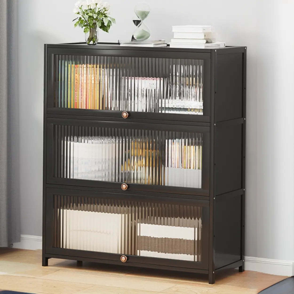 Elegant Wooden Mesh Rectangular Bookcase — Black-Gold