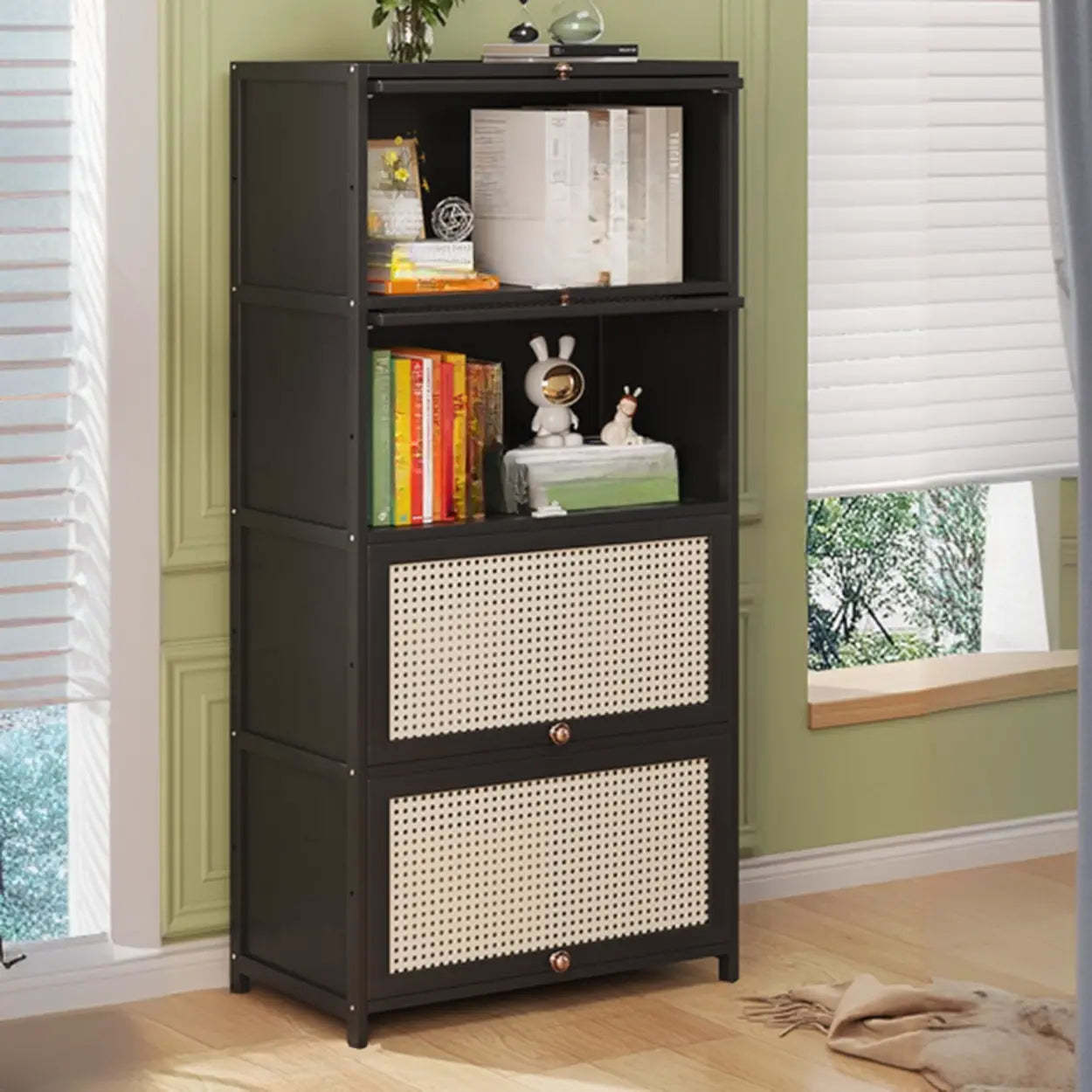 Elegant Wooden Mesh Rectangular Bookcase — Black