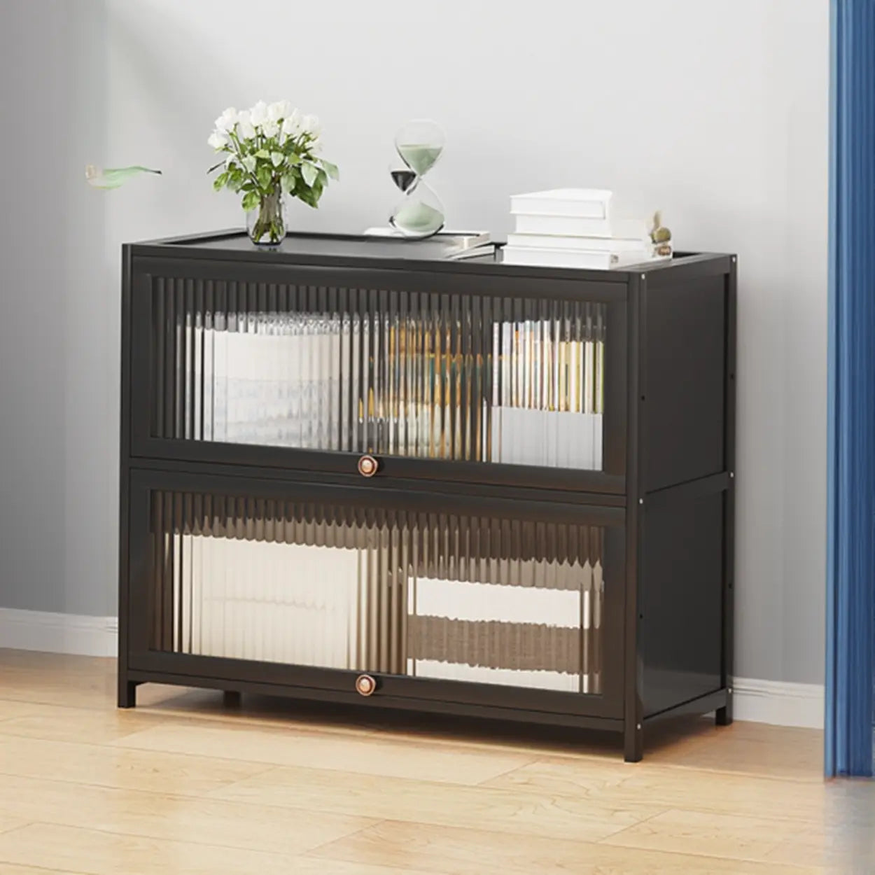 Elegant Wooden Mesh Rectangular Bookcase — Black-Gold