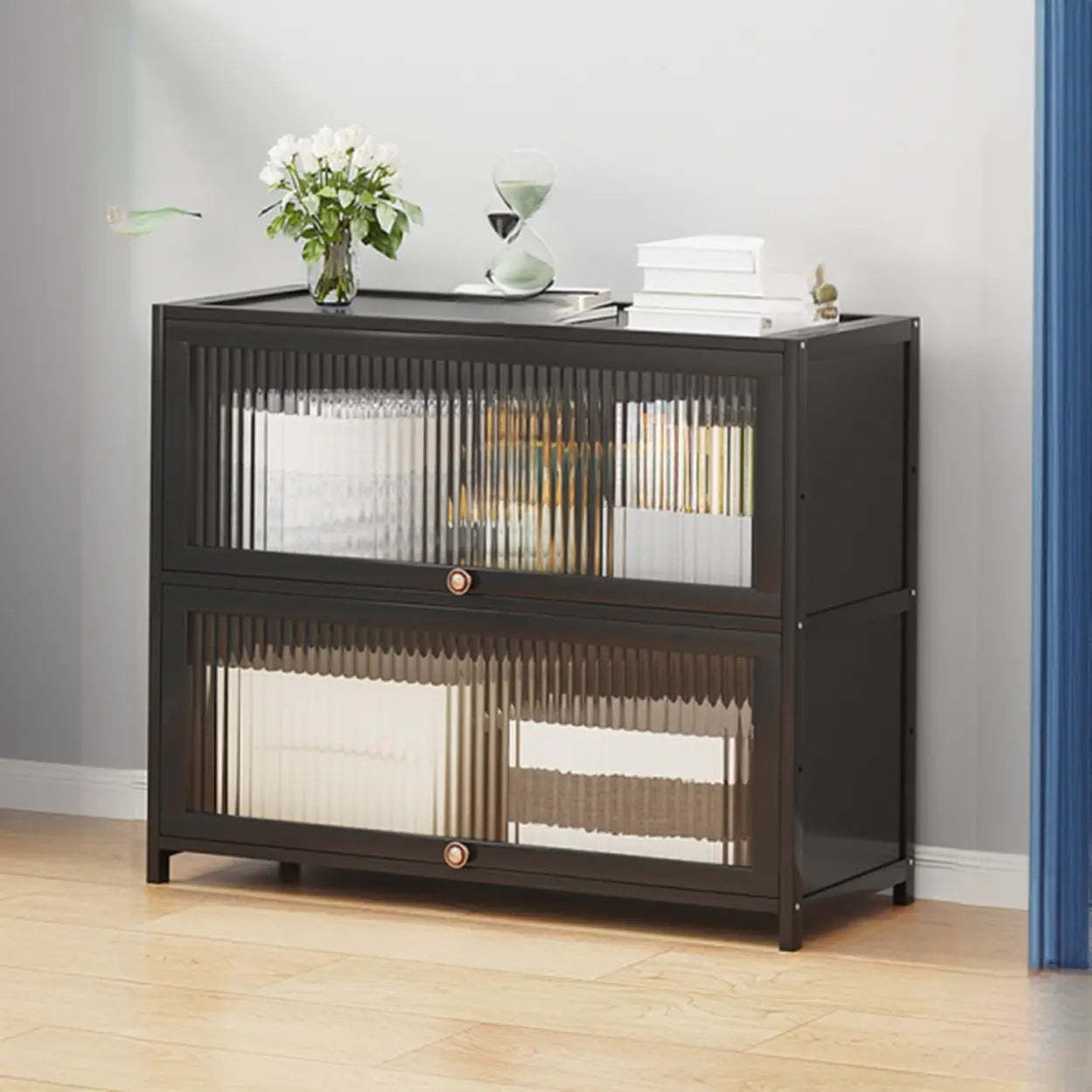 Elegant Wooden Mesh Rectangular Bookcase — Black-Gold