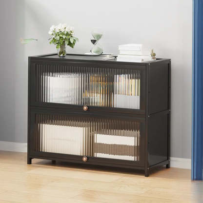 Elegant Wooden Mesh Rectangular Bookcase — Black-Gold
