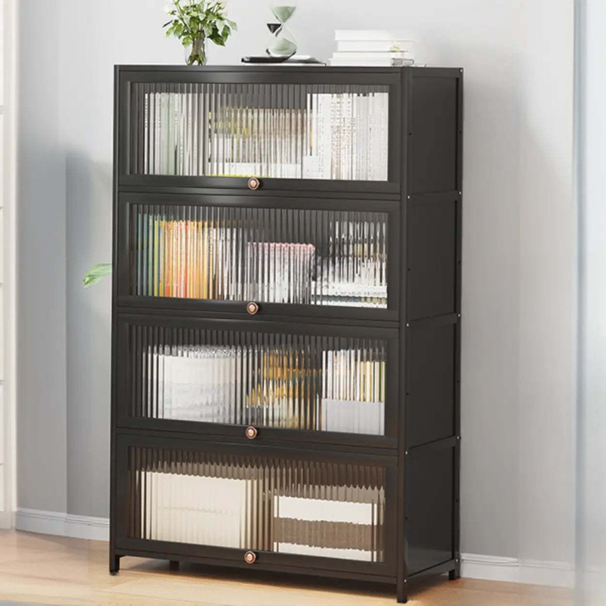 Elegant Wooden Mesh Rectangular Bookcase — Black