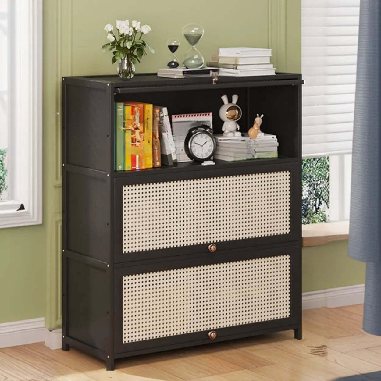 Elegant Wooden Mesh Rectangular Bookcase — Tan