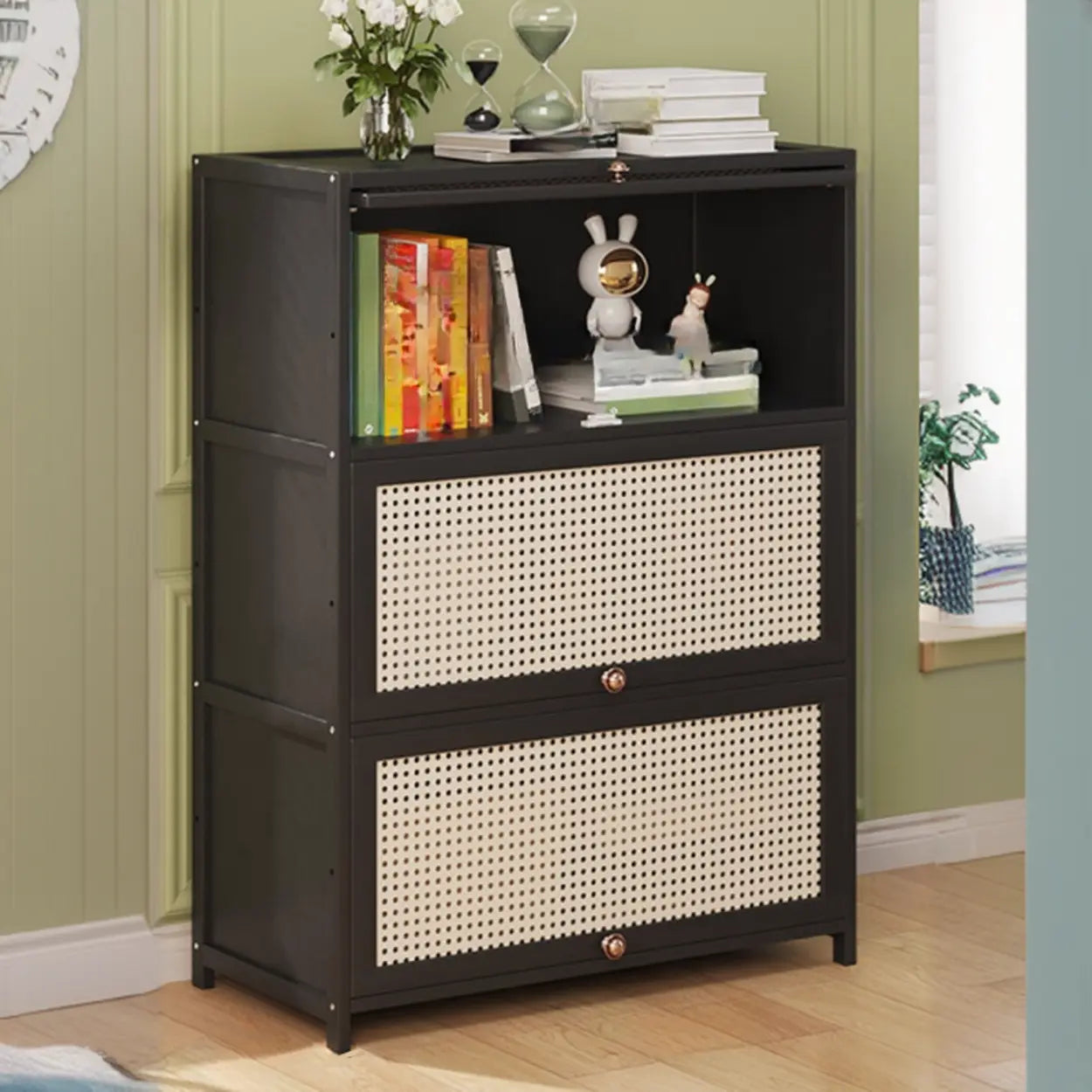 Elegant Wooden Mesh Rectangular Bookcase — Black-Gold