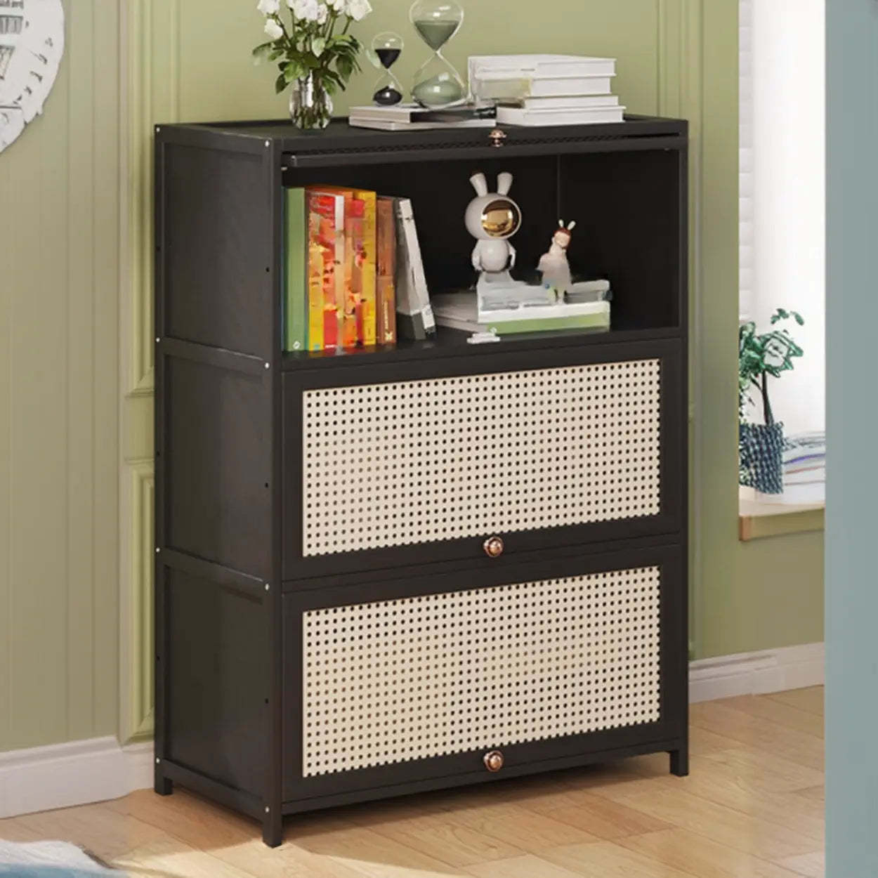 Elegant Wooden Mesh Rectangular Bookcase — Black-Gold
