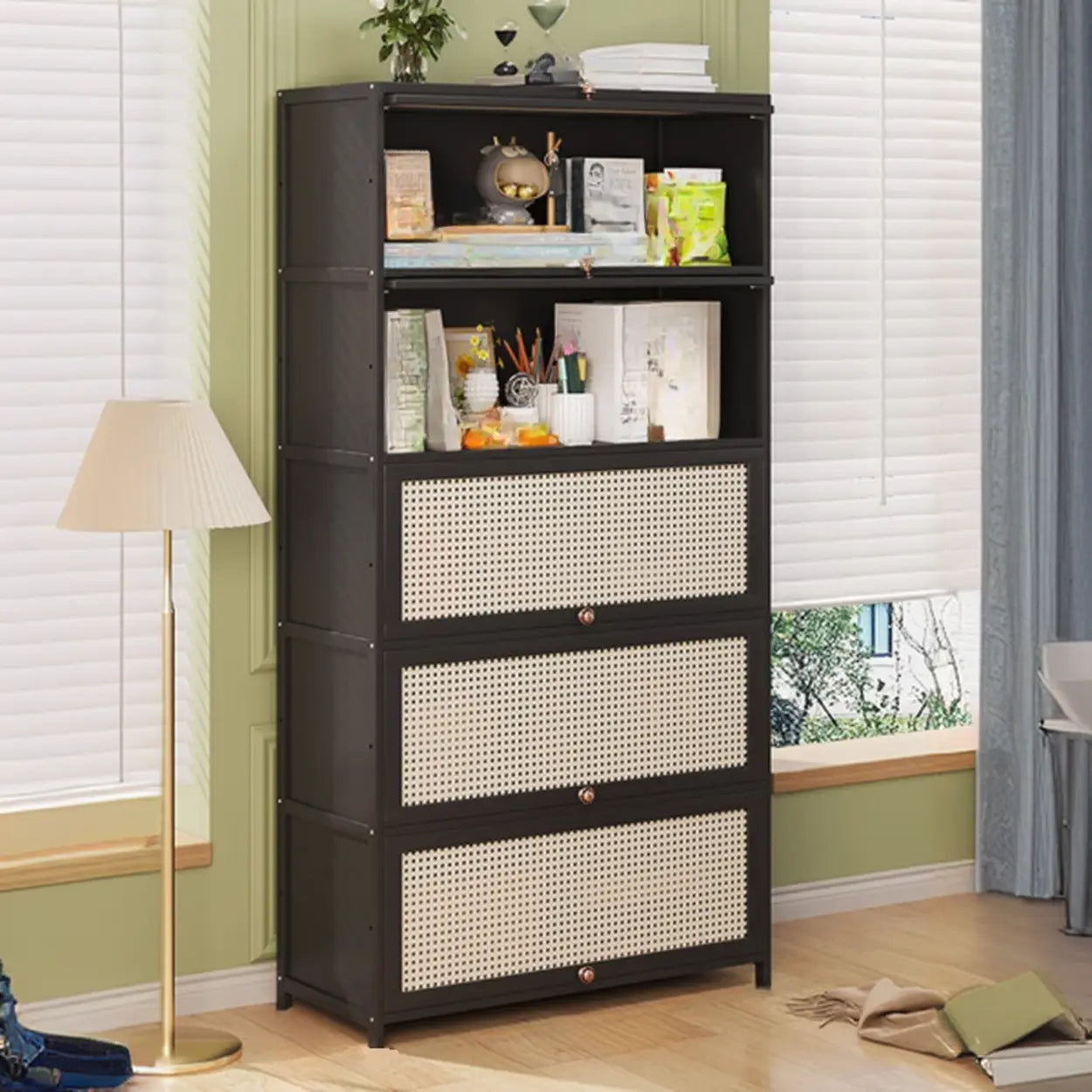 Elegant Wooden Mesh Rectangular Bookcase — Black