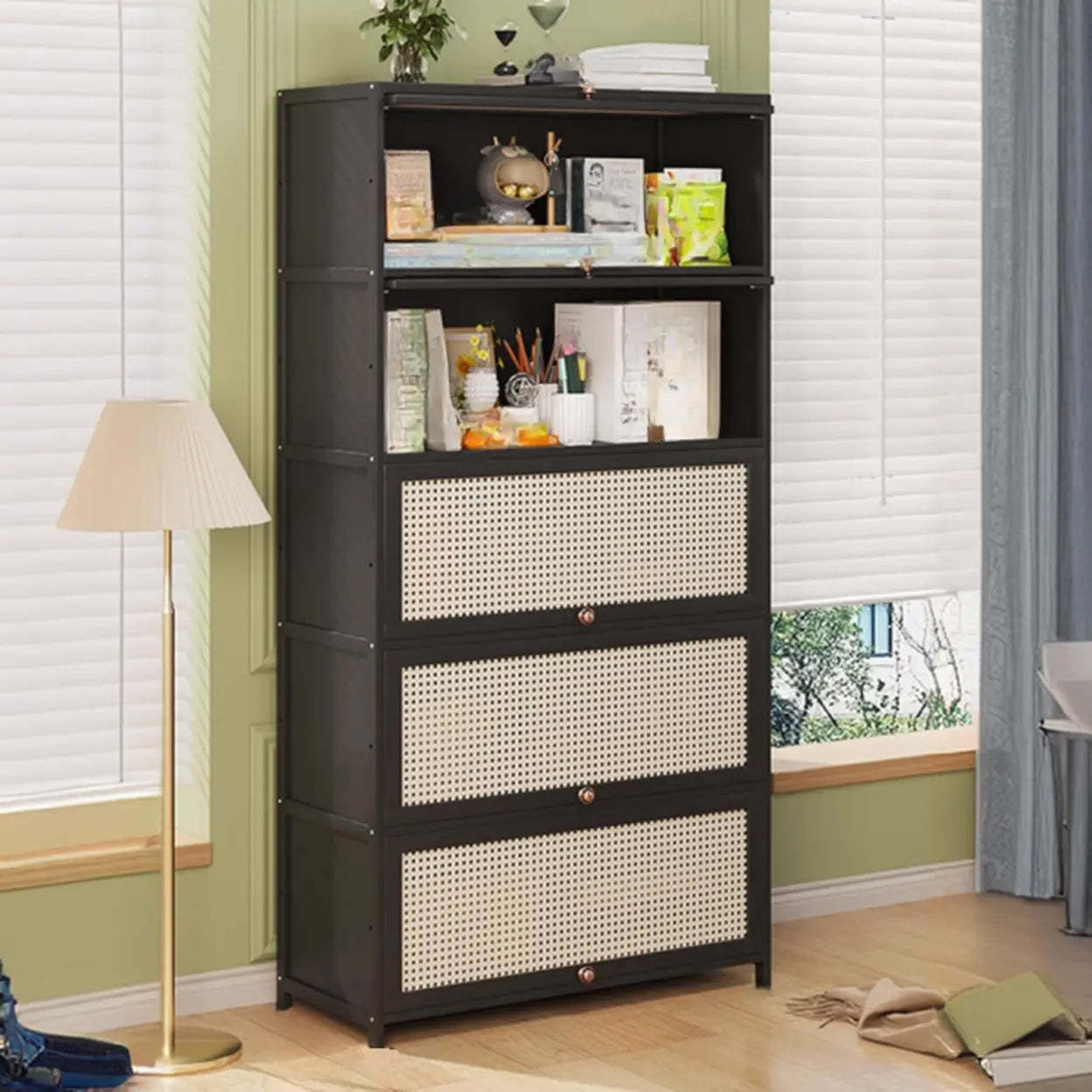 Elegant Wooden Mesh Rectangular Bookcase — Black