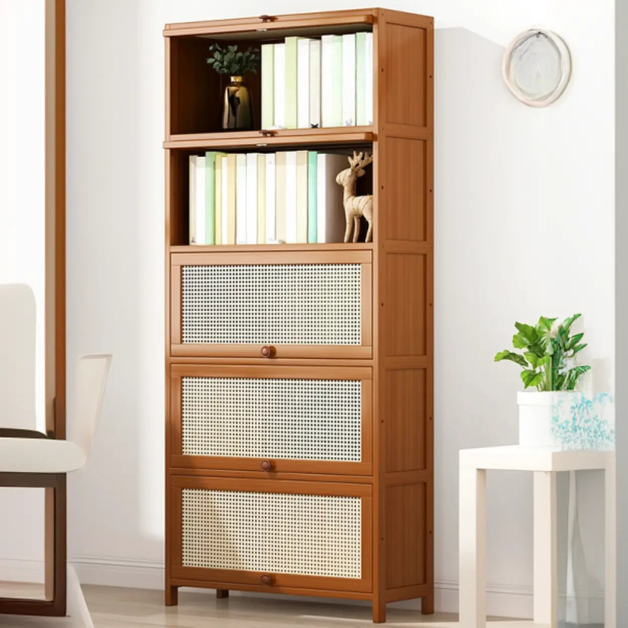 Elegant Wooden Mesh Rectangular Bookcase — Tan