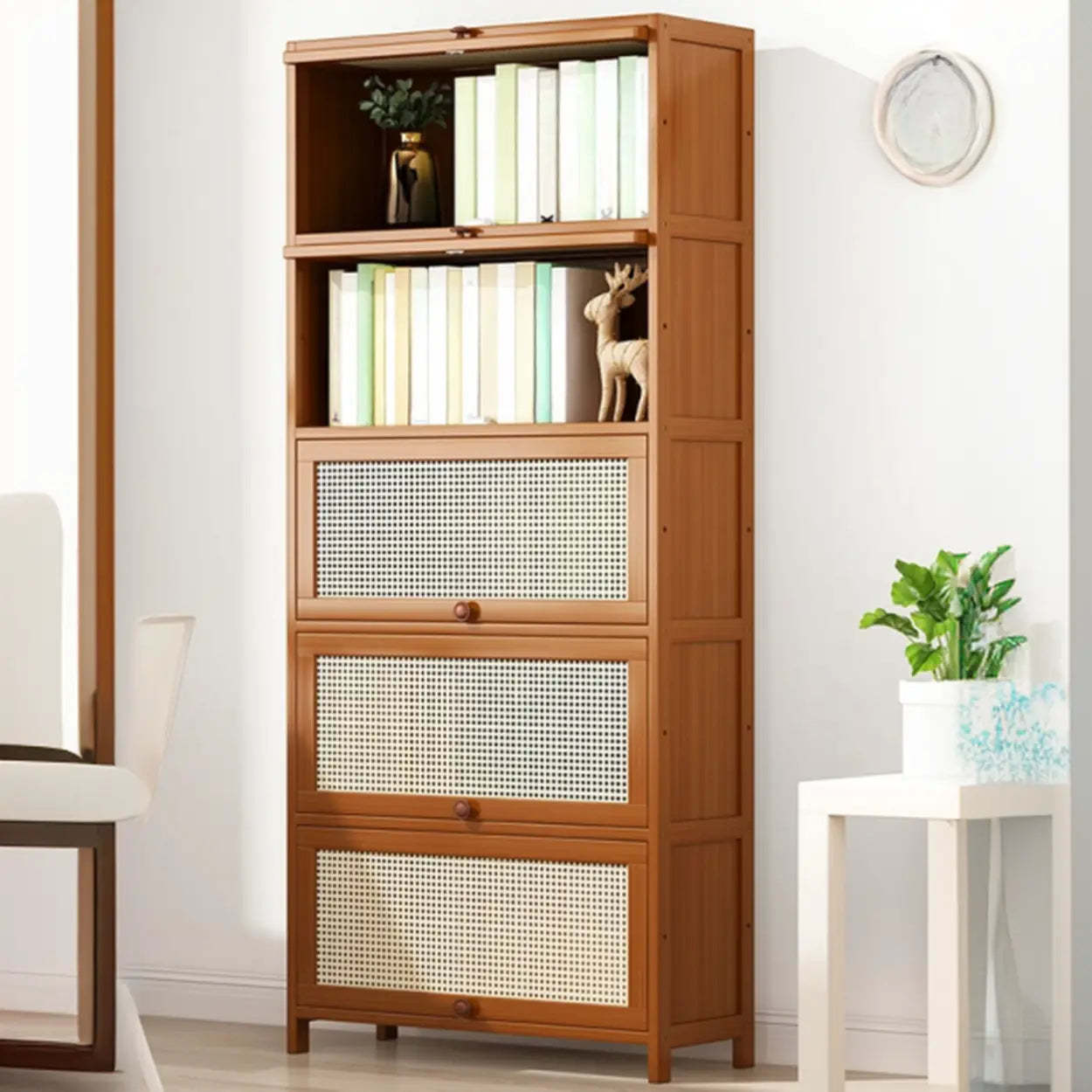 Elegant Wooden Mesh Rectangular Bookcase — Tan