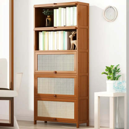 Elegant Wooden Mesh Rectangular Bookcase — Tan