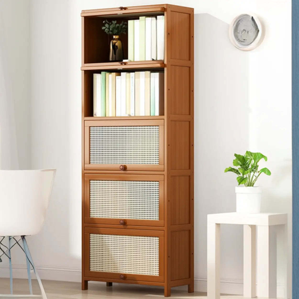 Elegant Wooden Mesh Rectangular Bookcase — Black-Gold