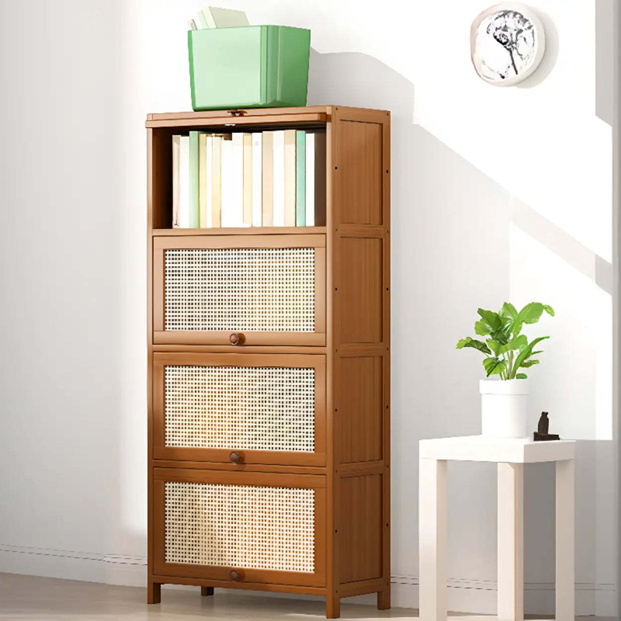 Elegant Wooden Mesh Rectangular Bookcase — Tan